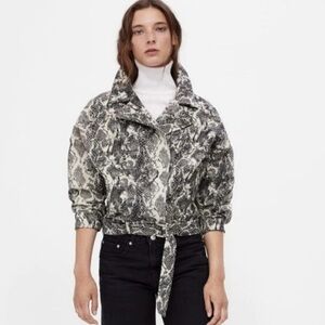 Zara Basic Snakeskin Print Belted Moto Jacket Black White Size XS
